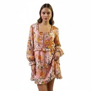 Missguided Dress 12 Pink Floral Square Neck Sheer Sleeve Boho‎ Chic Feminine